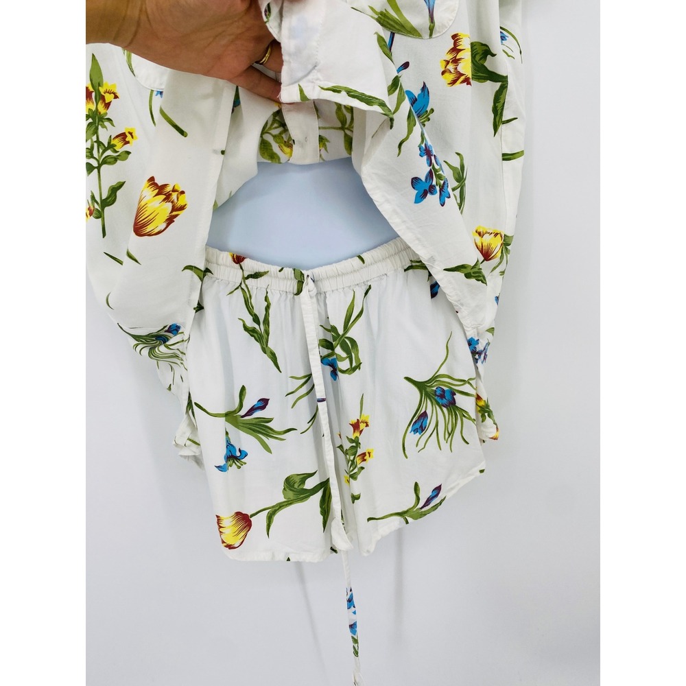Piyama Pajama Set Women M White Floral Rayon Short Sleeve Shirt Shorts - Picture 2 of 5